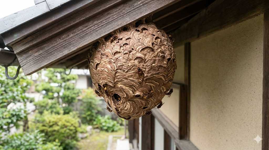 横浜市緑区の戸建て住宅の軒下にできた、巨大なスズメバチの巣。茶色のマーブル模様でボール状に成長しており、数匹のスズメバチが表面を警戒するように動いている。