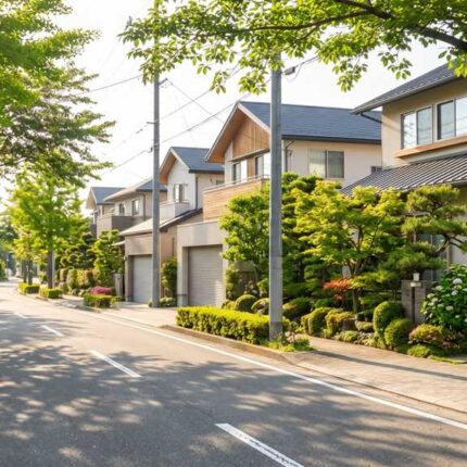 横浜市栄区（本郷台・桂台周辺）をイメージした、緑豊かで平和な閑静な住宅街の風景。