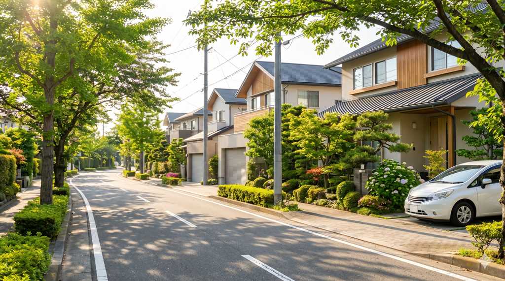 横浜市栄区（本郷台・桂台周辺）をイメージした、緑豊かで平和な閑静な住宅街の風景。