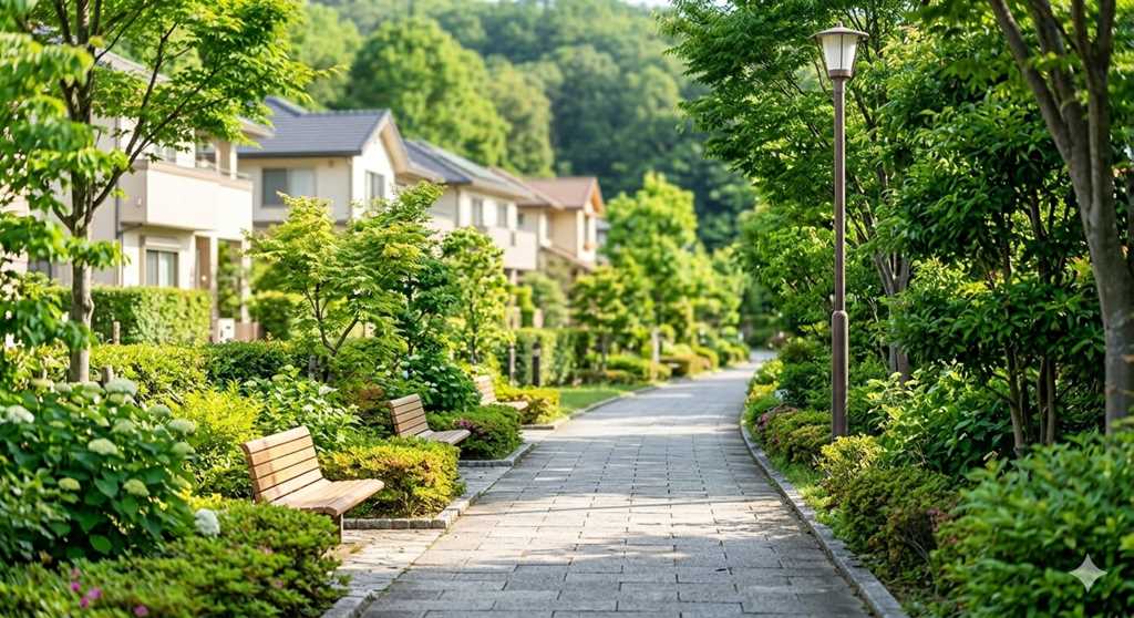 横浜市緑区の公園内にある清潔で手入れされた緑道