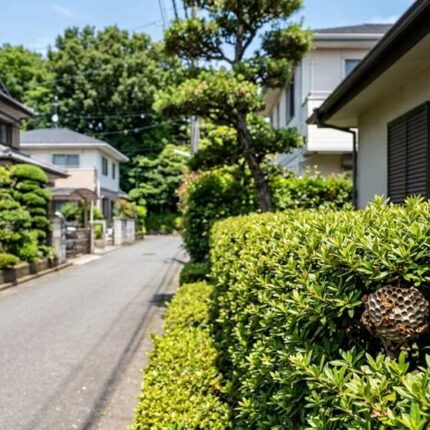 横浜市瀬谷区の住宅街と豊かな緑の風景。軒先の生け垣の奥に、早期発見の目安となるアシナガバチの小さな初期の巣が作られている様子。