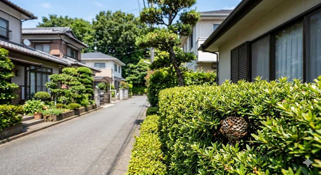横浜市瀬谷区の住宅街と豊かな緑の風景。軒先の生け垣の奥に、早期発見の目安となるアシナガバチの小さな初期の巣が作られている様子。