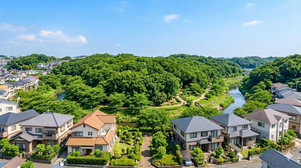 横浜市瀬谷区の地域風景。住宅地と瀬谷市民の森などの豊かな緑が調和する様子。