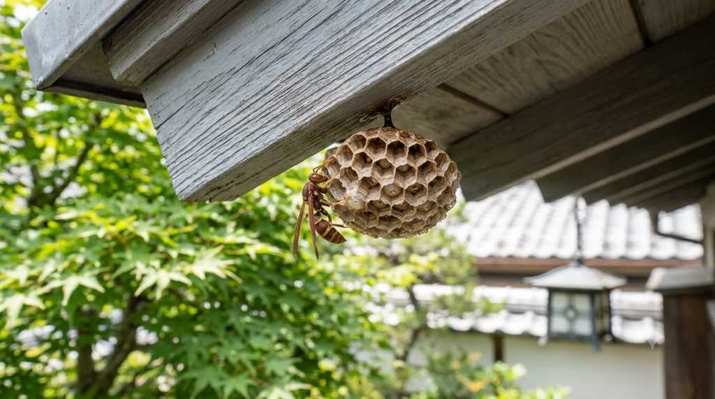 横浜市瀬谷区の住宅軒下に作られた、初期段階の小さな蜂の巣（アシナガバチ）の近接写真。