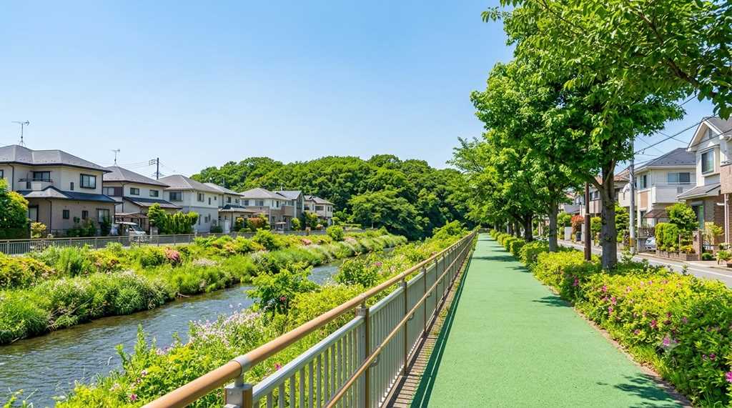 横浜市瀬谷区の和泉川沿いの風景。豊かな緑の木々と遊歩道が広がり、その奥に閑静な住宅街が続く。スズメバチが好む、自然と生活圏が隣接する環境を示す景観写真。